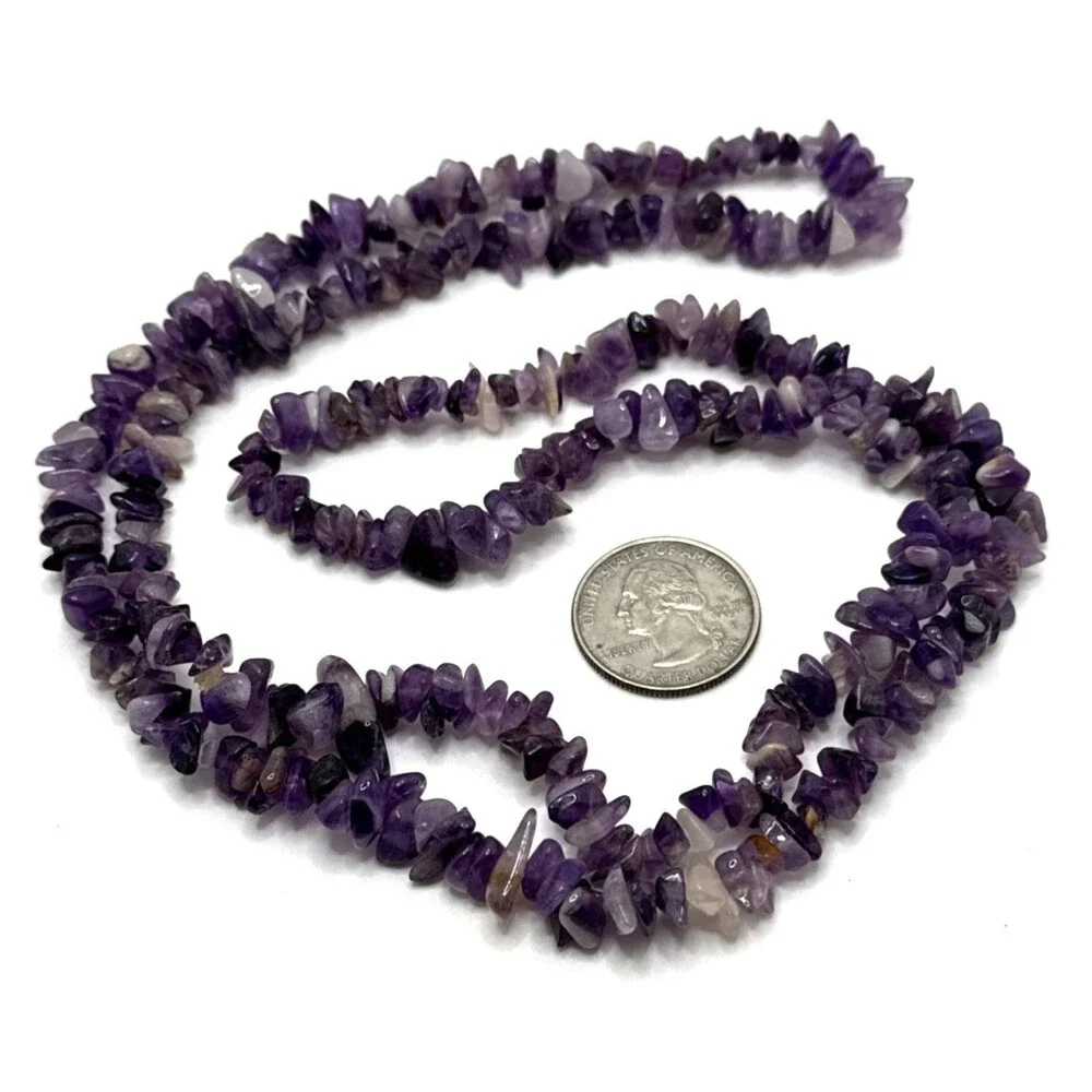 Vintage Amethyst Chip Necklace Long Strand Stone Boho Energy Protection Calming